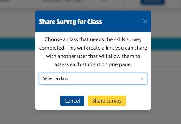 A screenshot of the Share Survey for Class popup.